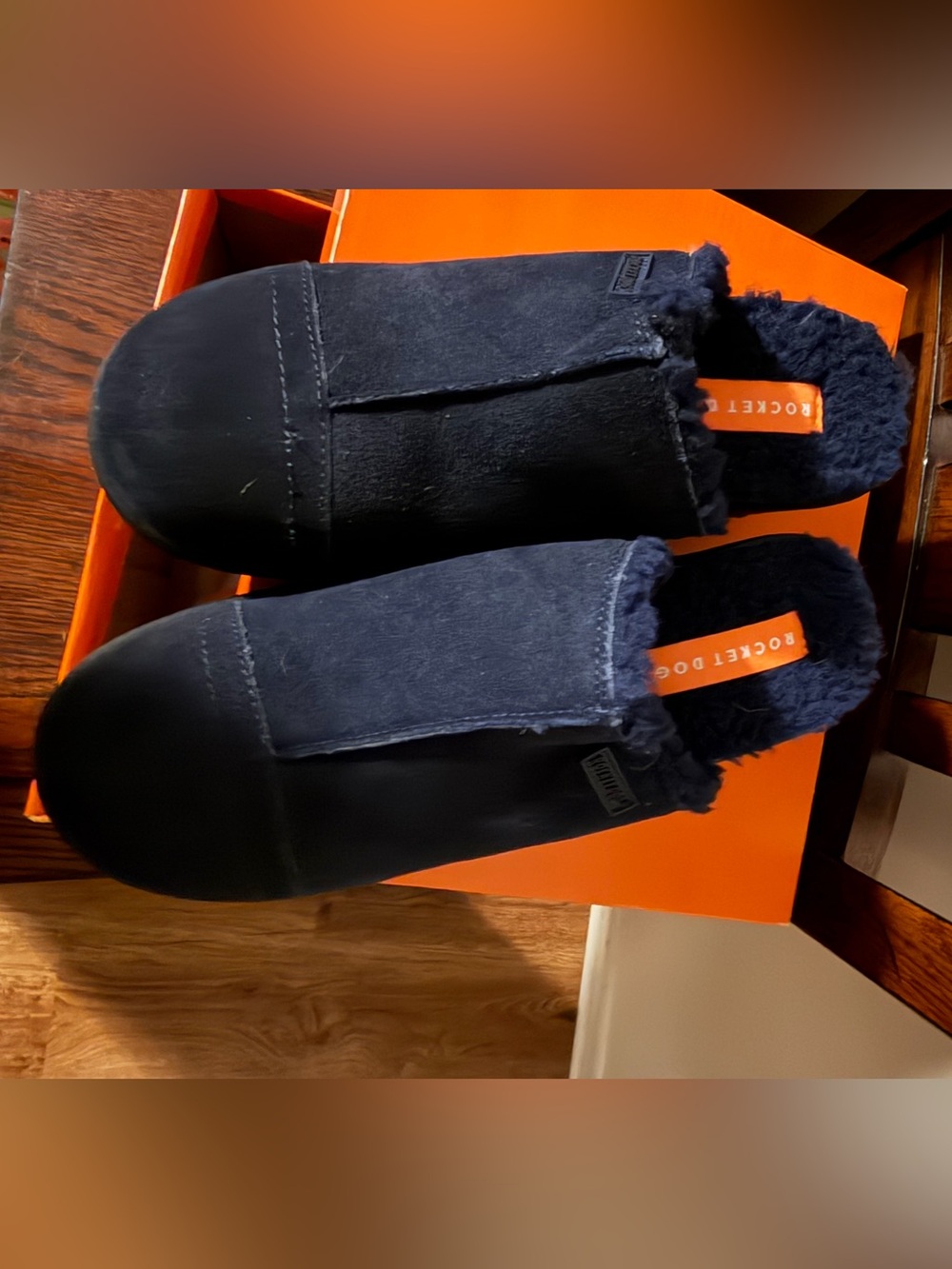 Rocket Dog Navy Fuzzy Slip-On Mules with Orange Logo Tabs